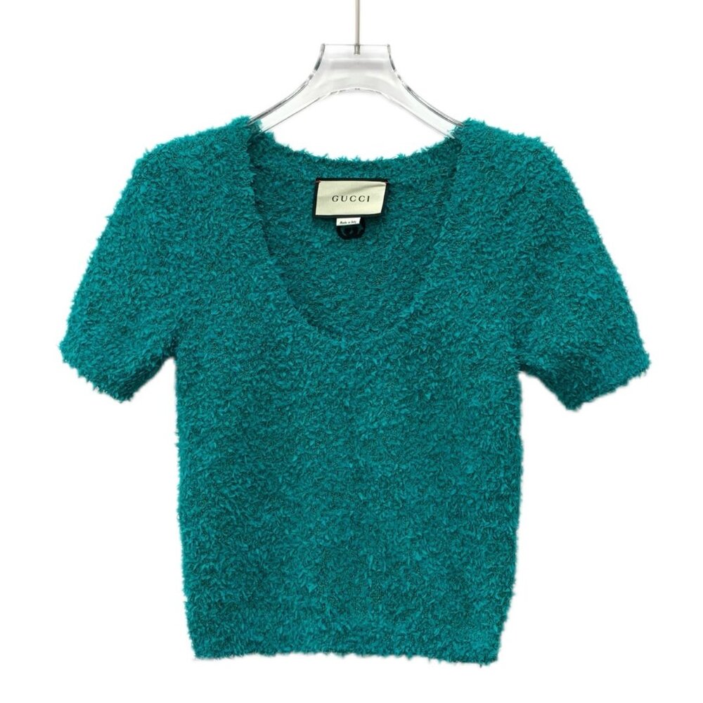 Gucci Blue Cotton Crewneck Short Sleeve Bouclé Knit Top